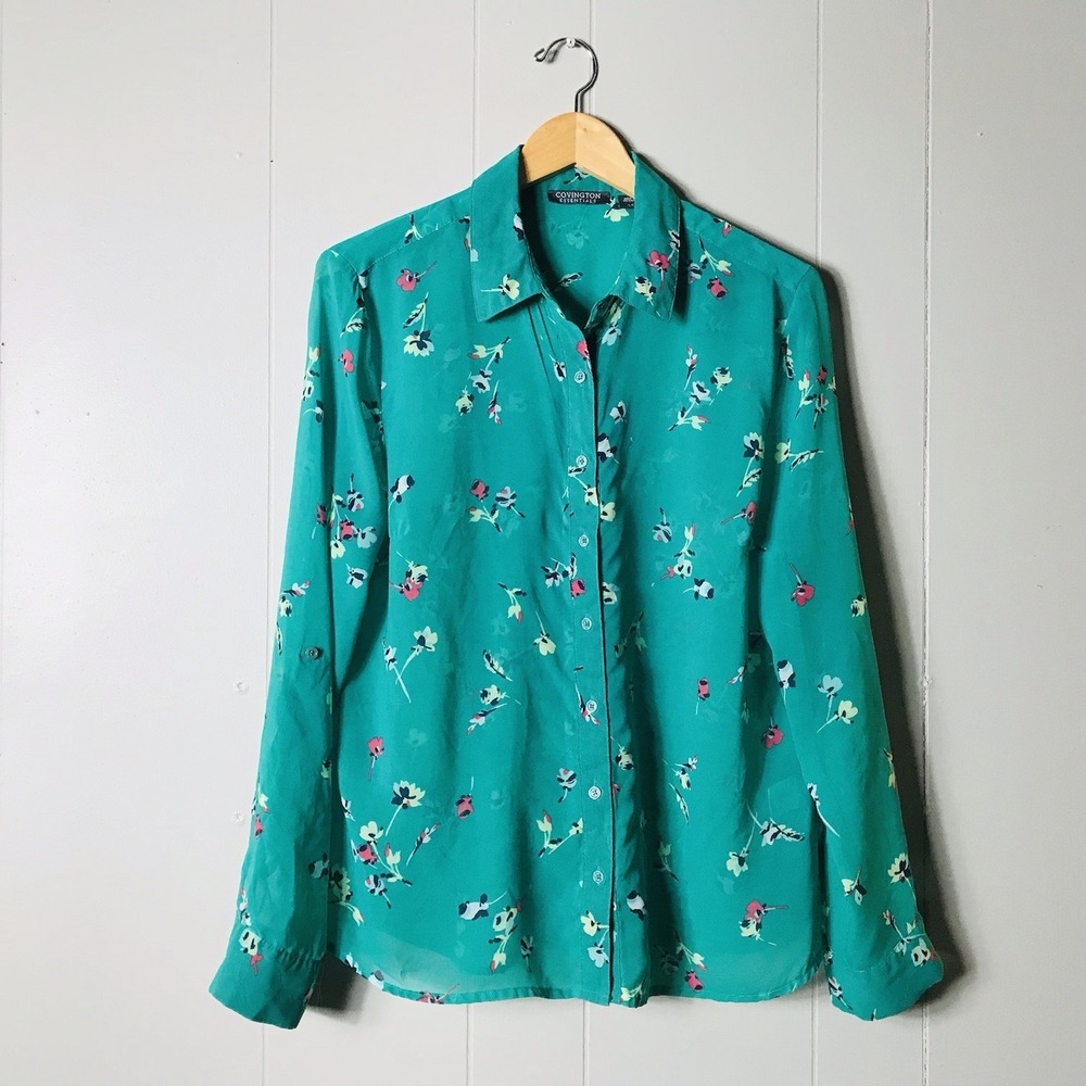 COVINGTON ESSENTIALS SHEER GREEN FLORAL PATTERN BUTTON DOWN SHIRT WOMENS LARGE